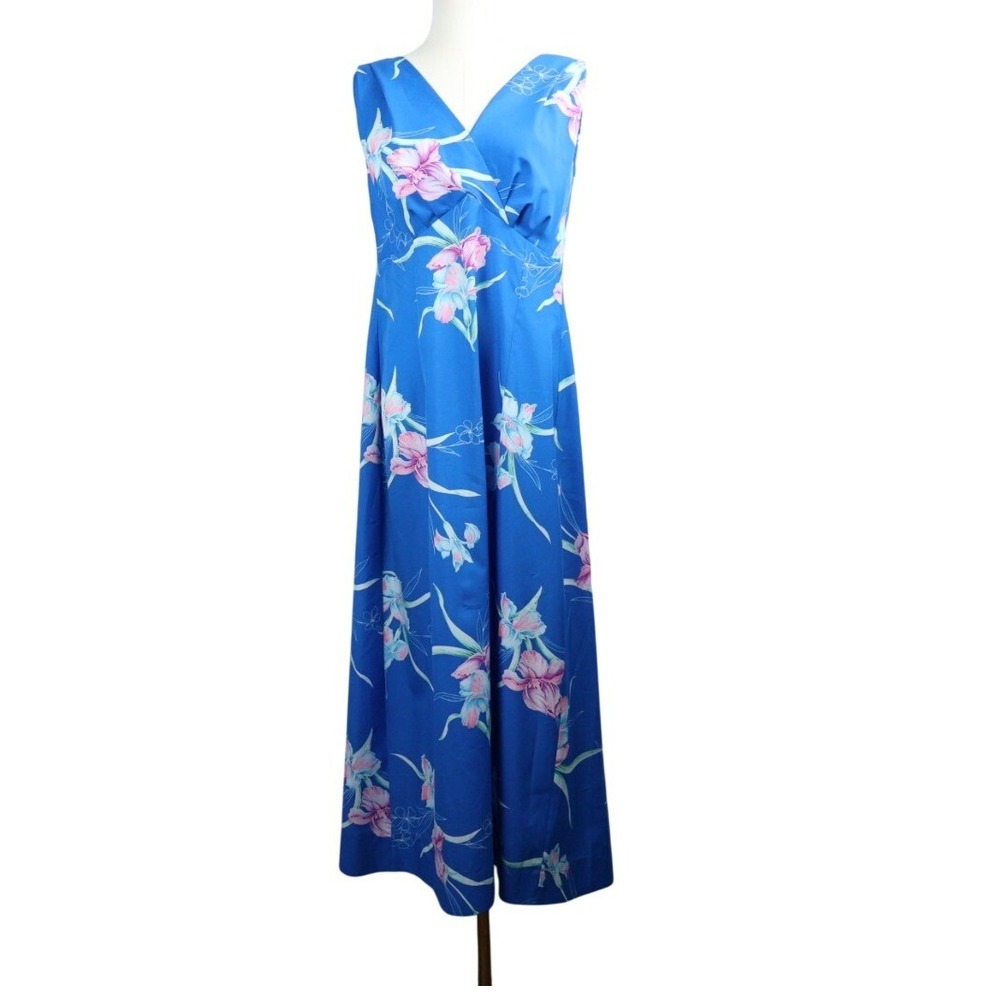VTG Hilo Hattie Blue Floral Hawaiian Maxi Dress Women's 14 Sleeveless V-Neck